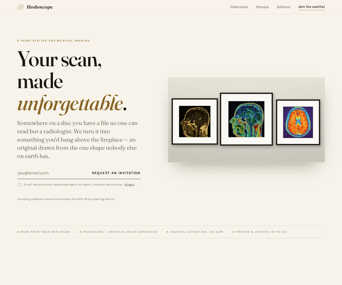 hodoscope.com — the atelier hero with three framed prints rendered from brain MRI scans.