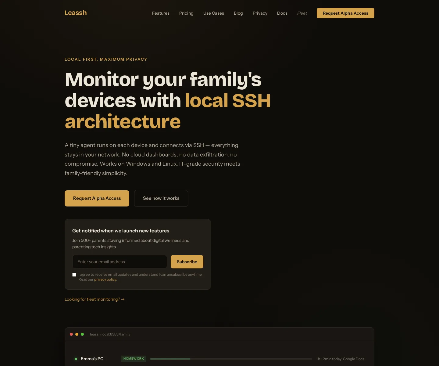 leassh.com — the local SSH architecture pitch with the family device dashboard beneath.