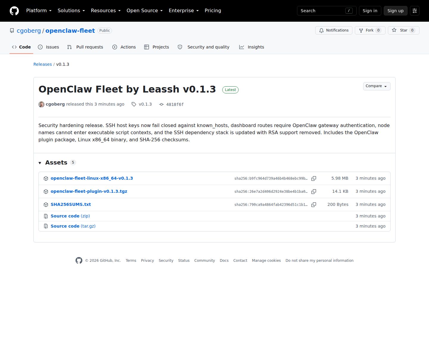 OpenClaw Fleet by Leassh v0.1.3 security release on GitHub.