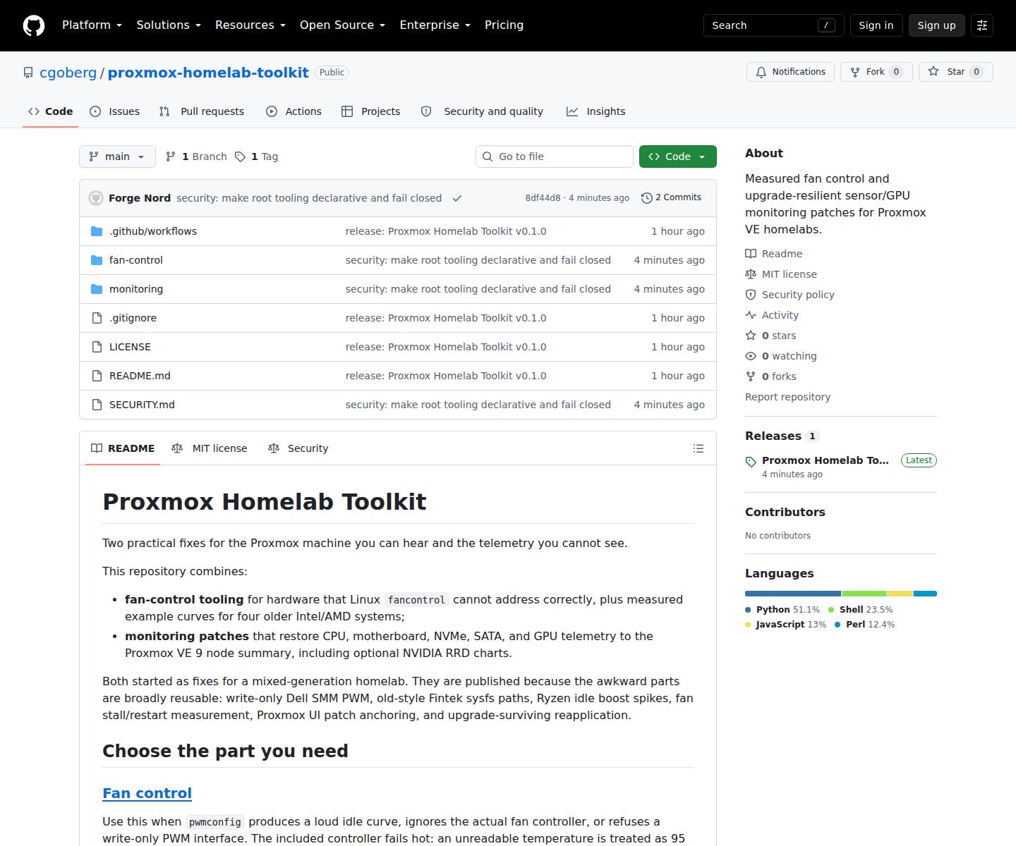 Proxmox Homelab Toolkit public repository with fan-control and monitoring components on GitHub.