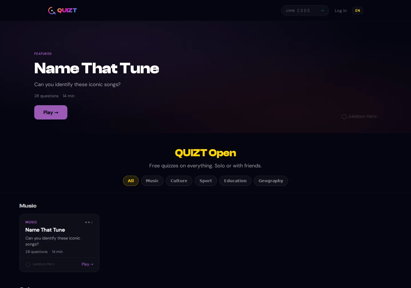 QUIZT Open — free curated quizzes such as Name That Tune, no login required.