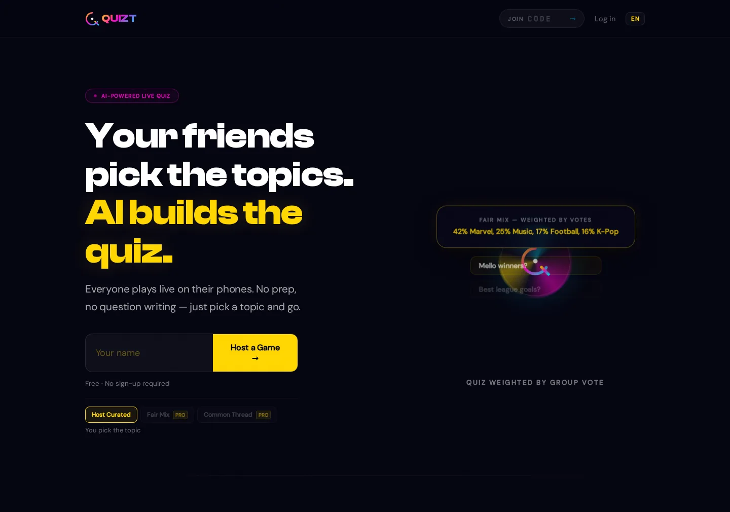 QUIZT homepage — the host screen where friends pick topics and the AI builds the quiz.