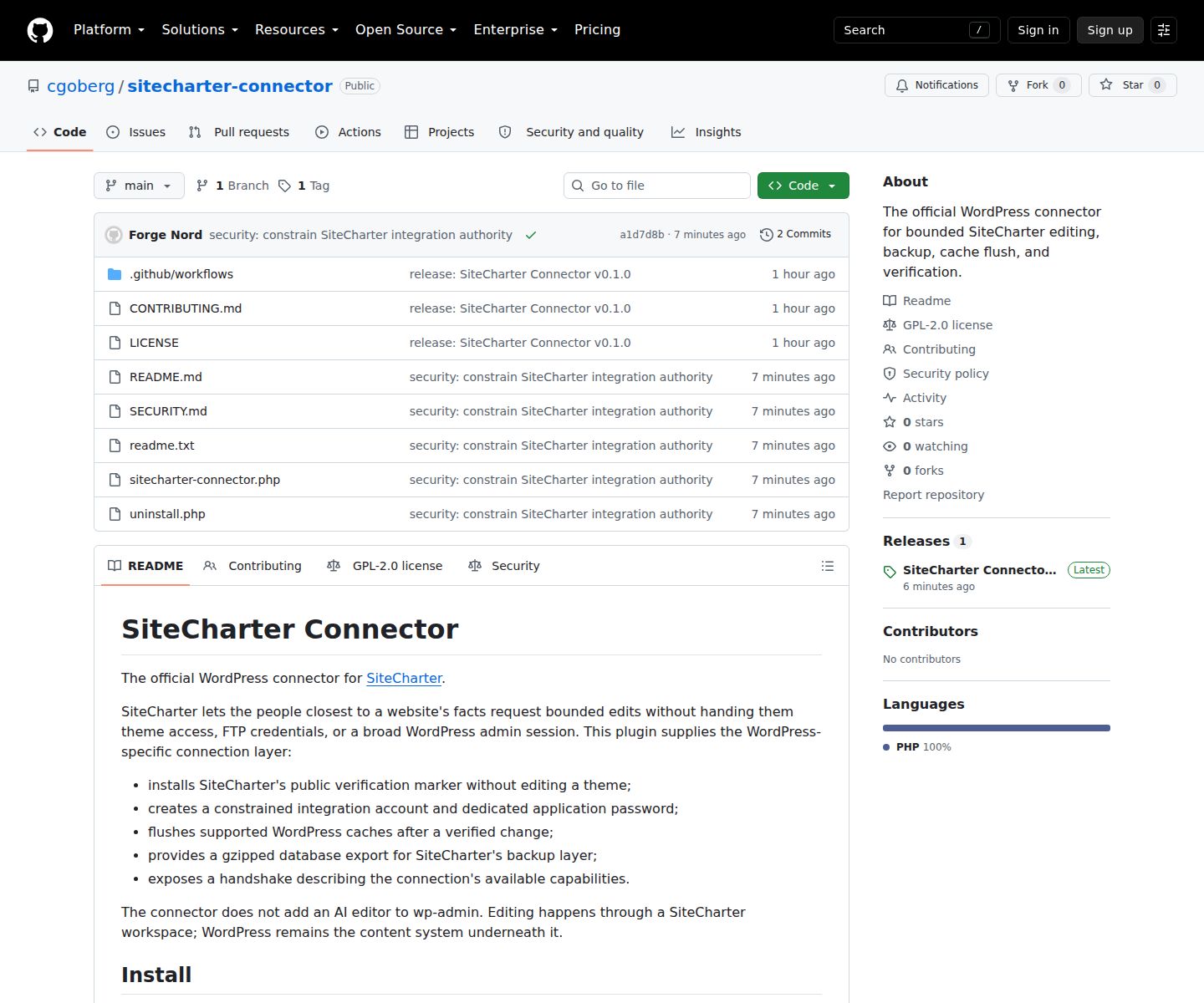 SiteCharter Connector public WordPress plugin repository on GitHub.