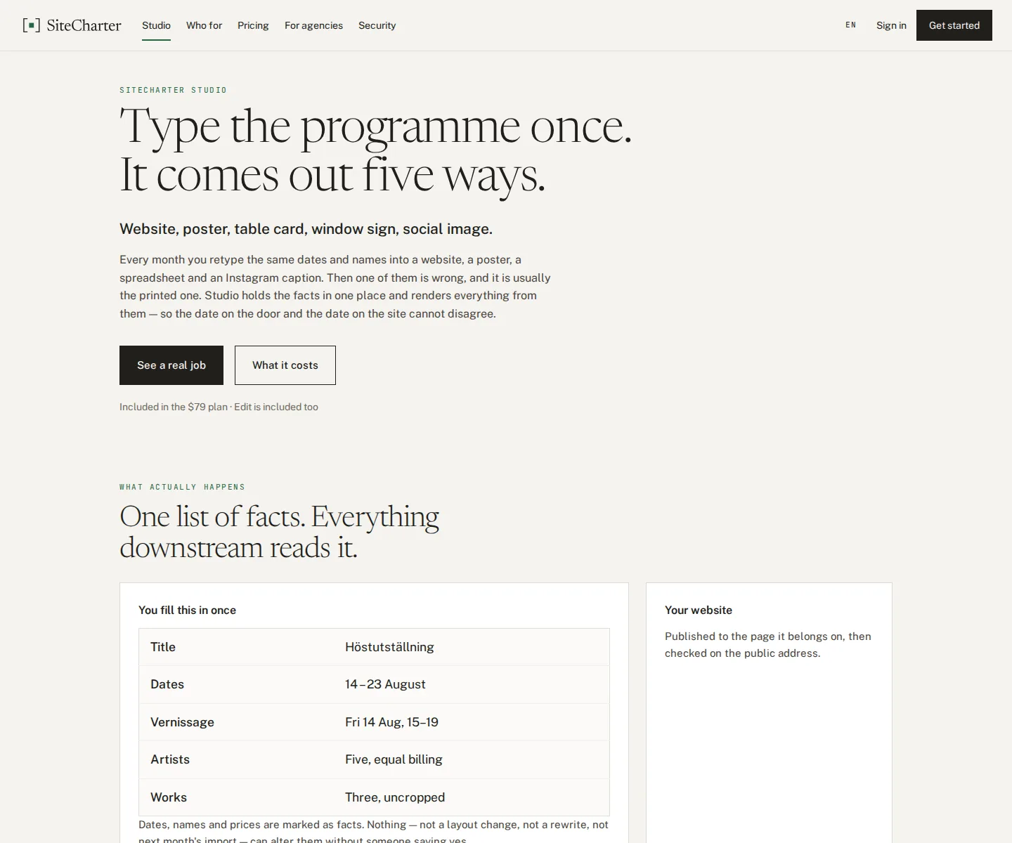 SiteCharter Studio — type the programme once, it comes out on the web, the print sheet and the social image.
