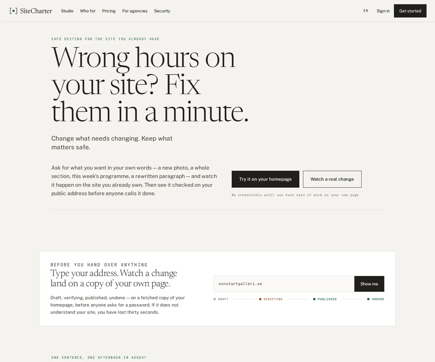 SiteCharter homepage — a change asked for in one sentence, verified on the public page.