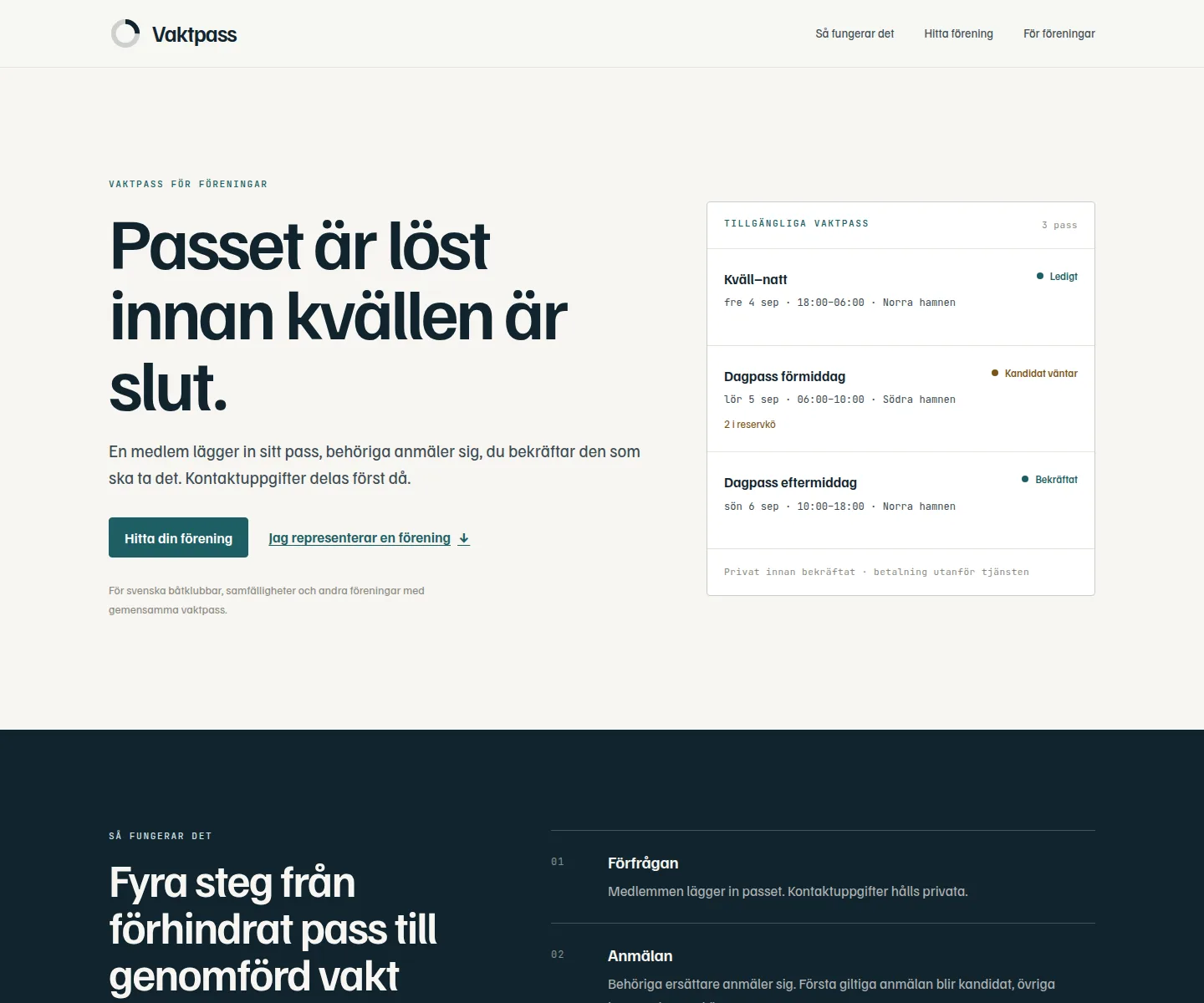 Vaktpass.se homepage showing the private, member-driven replacement queue for association watch shifts.